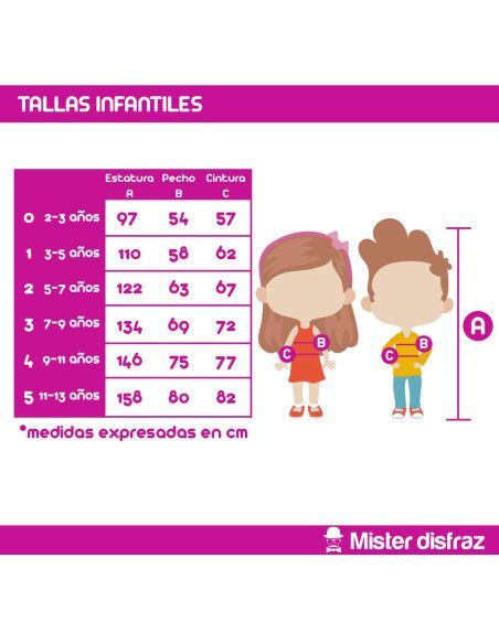 Tabla de Tallas - Disfraz de Seta Infantil para niña o niño