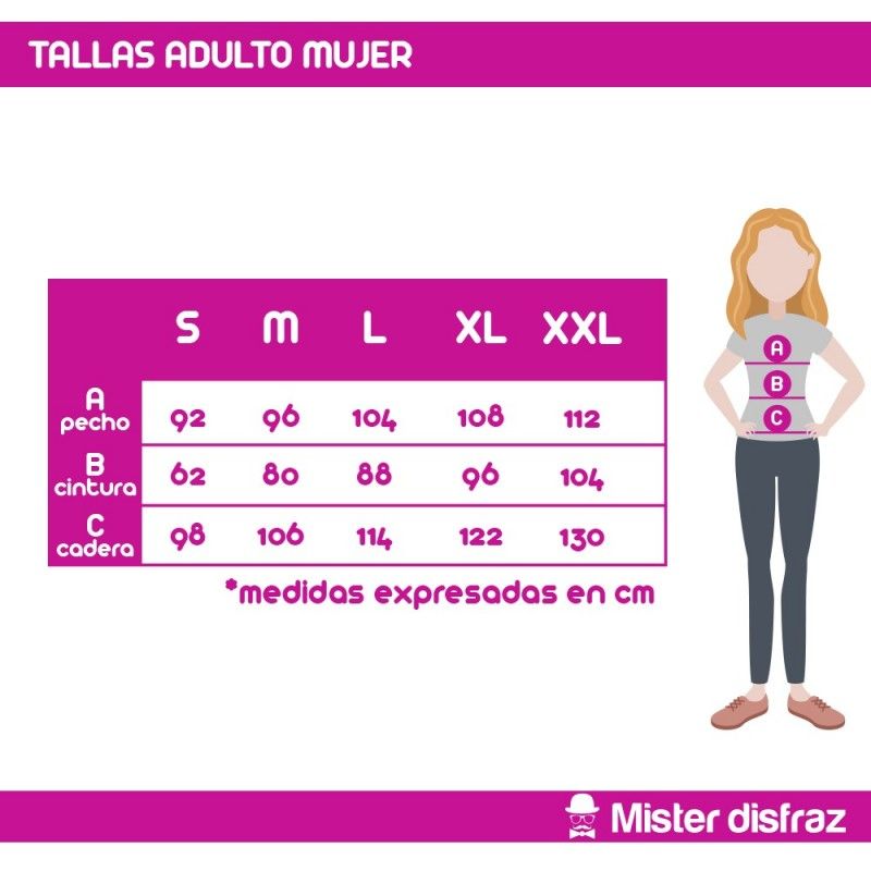 Tabla de Tallas - Disfraz de Sandia Hello con pepitas para Mujer y Hombre