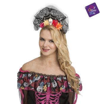 Diadema Día De Los Muertos con Calvera y Flores