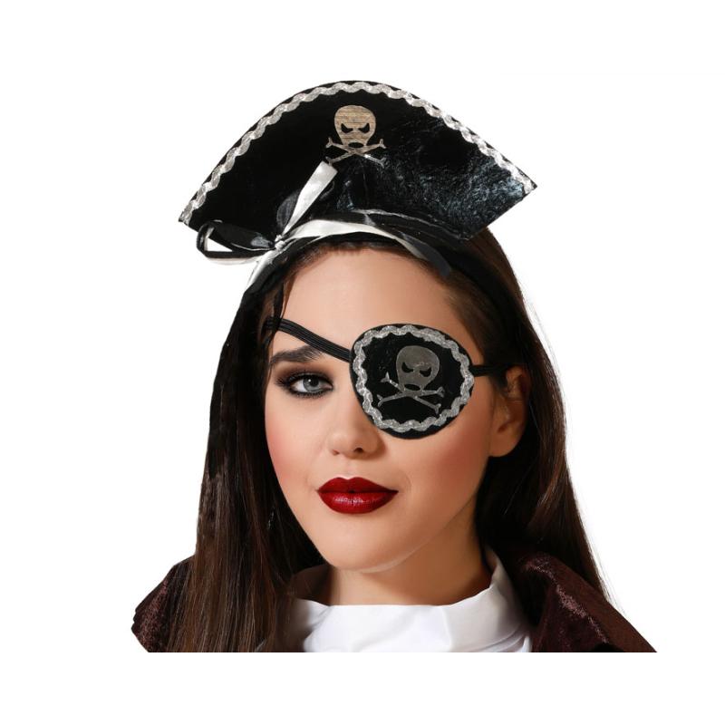 KIT PIRATA DIADEMA Y PARCHE NEGRO BRILLANTE CON LAZO