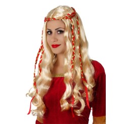 Peluca Rubia Larga Ondulada con Trenzas Rojas