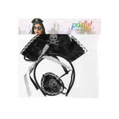Kit pirata diadema y parche negro brillante con lazo