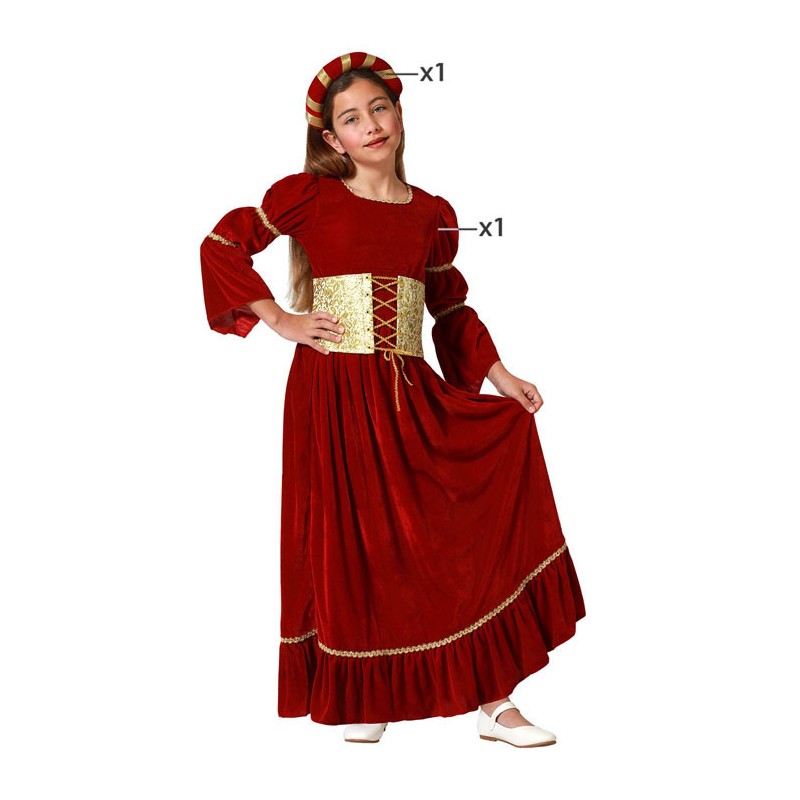 Disfraz Reina Medieval rojo vestido con diadema niña