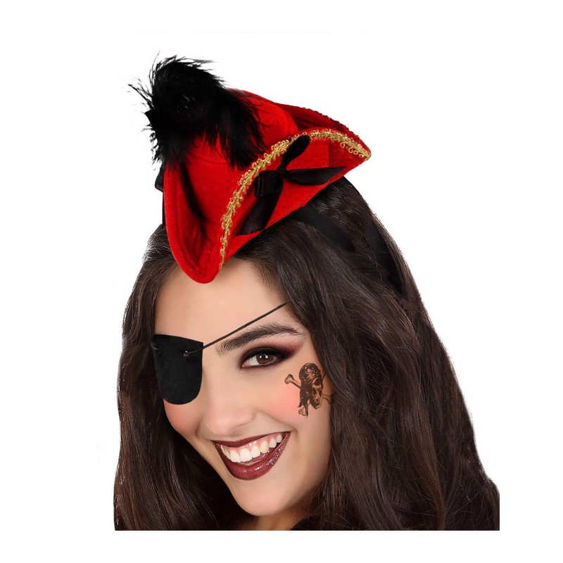 Diadema Sombrero Pirata Rojo Plumas