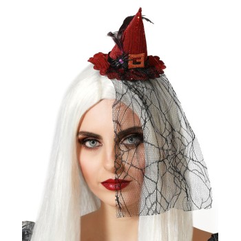 Diadema Bruja Sombrero Rojo con Velo de Mujer