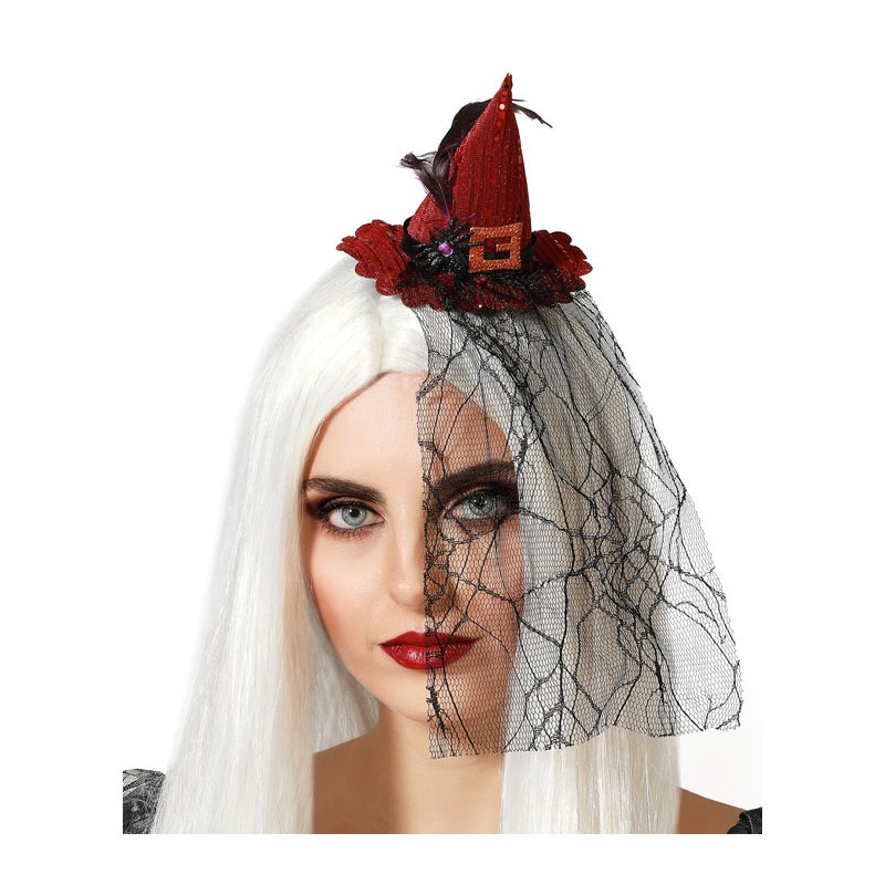 Diadema Bruja Sombrero Rojo con Velo de Mujer