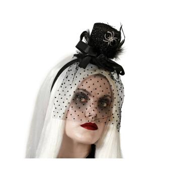 Diadema con mini sombrero negro, velo y araÑa decorativa
