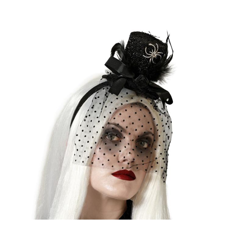 Diadema con mini sombrero negro, velo y araÑa decorativa