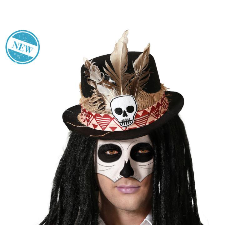 Sombrero vudÚ negro con detalles Étnicos y decoraciÓn de calavera