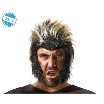 Peluca de hombre lobo negra con vetas rubias y patillas