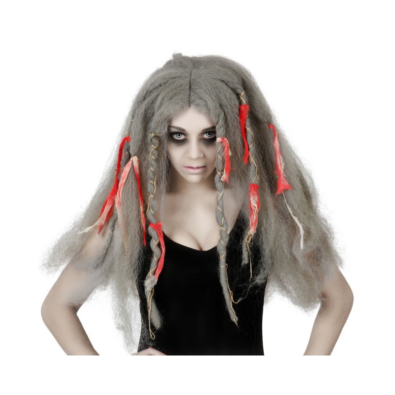 Peluca Pelo Largo Gris con Cintas