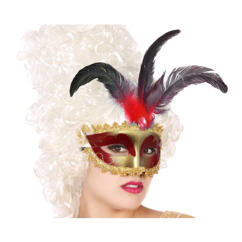 Máscara Veneciana Roja con Plumas