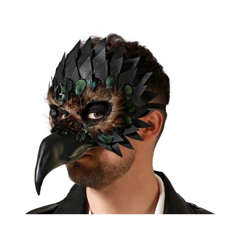 MÁscara de Cuervo Negro con plumas y pico largo