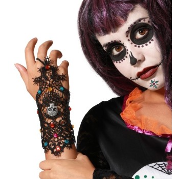 Guante Rejilla Negro con Calavera y Pedrería
