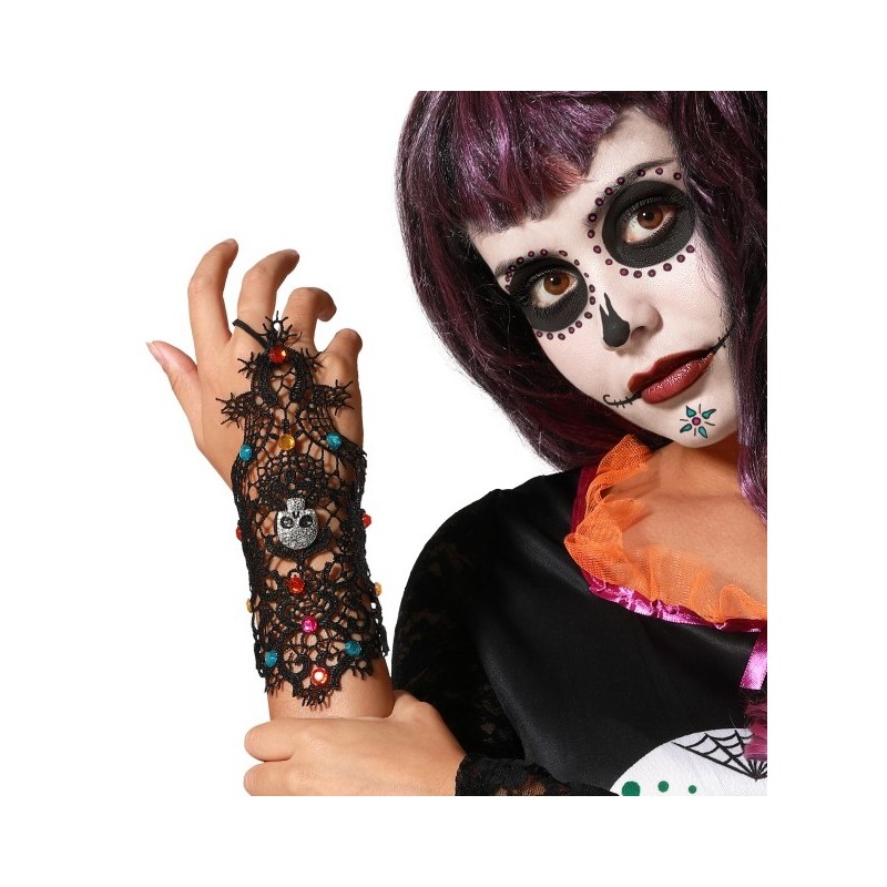 Guante Rejilla Negro con Calavera y Pedrería