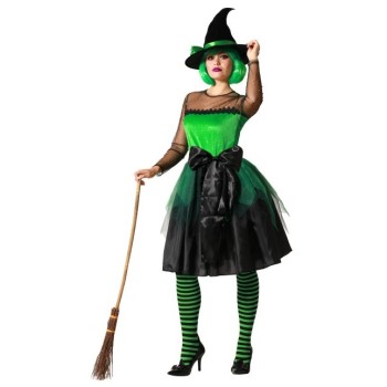 Disfraz de Bruja Verde con Sombrero y Lazo para Mujer