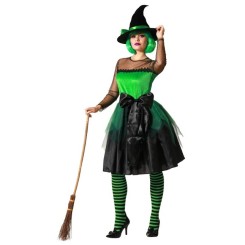 Disfraz de Bruja Verde con Sombrero y Lazo para Mujer