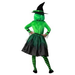 Disfraz de Bruja Verde con sombreo y Lazo para Niña