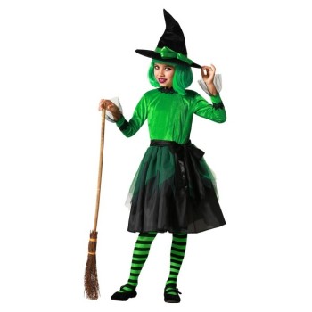 Disfraz de Bruja Verde con sombreo y Lazo para Niña