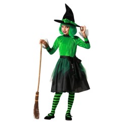 Disfraz de Bruja Verde con sombreo y Lazo para Niña