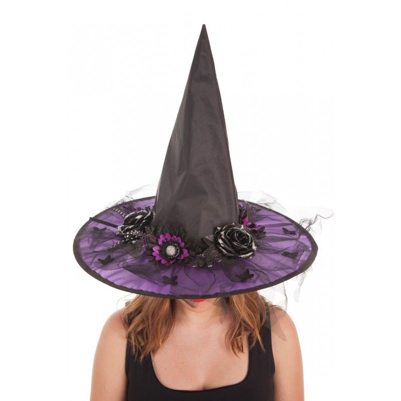 Sombrero de Bruja Flores Halloween  para mujer - Complementos y Accesorios para tu Disfraz de Halloween - MisterDisfraz.com