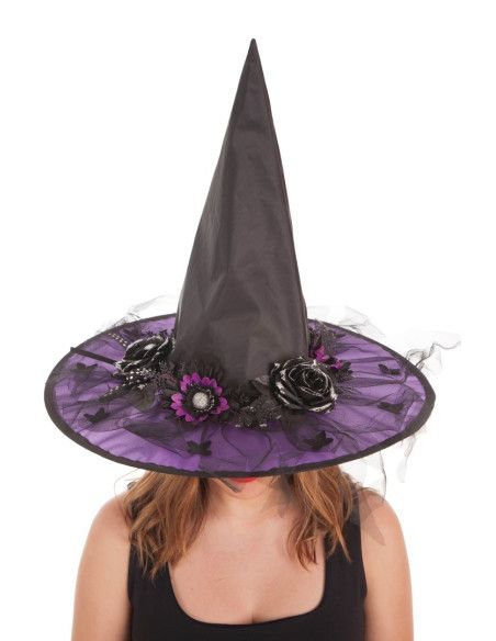 Sombrero de Bruja Flores Halloween  para mujer - Complementos y Accesorios para tu Disfraz de Halloween - MisterDisfraz.com
